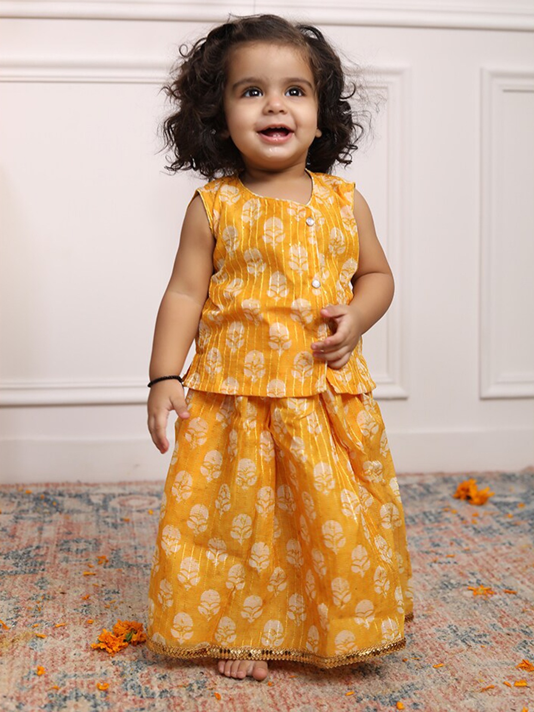 

Biglilpeople Infant Girls Printed Cotton Ready to Wear Lehenga Choli, Yellow
