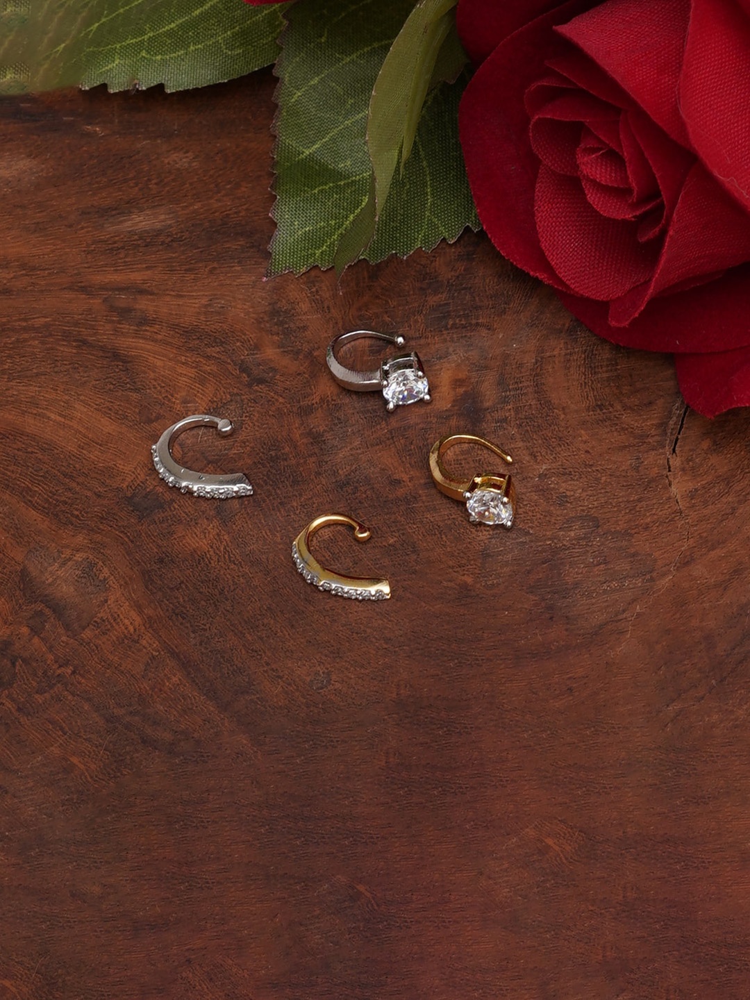 

Mali Fionna Set Of 4 Gold-Plated Stone Studded Nosepins, Silver