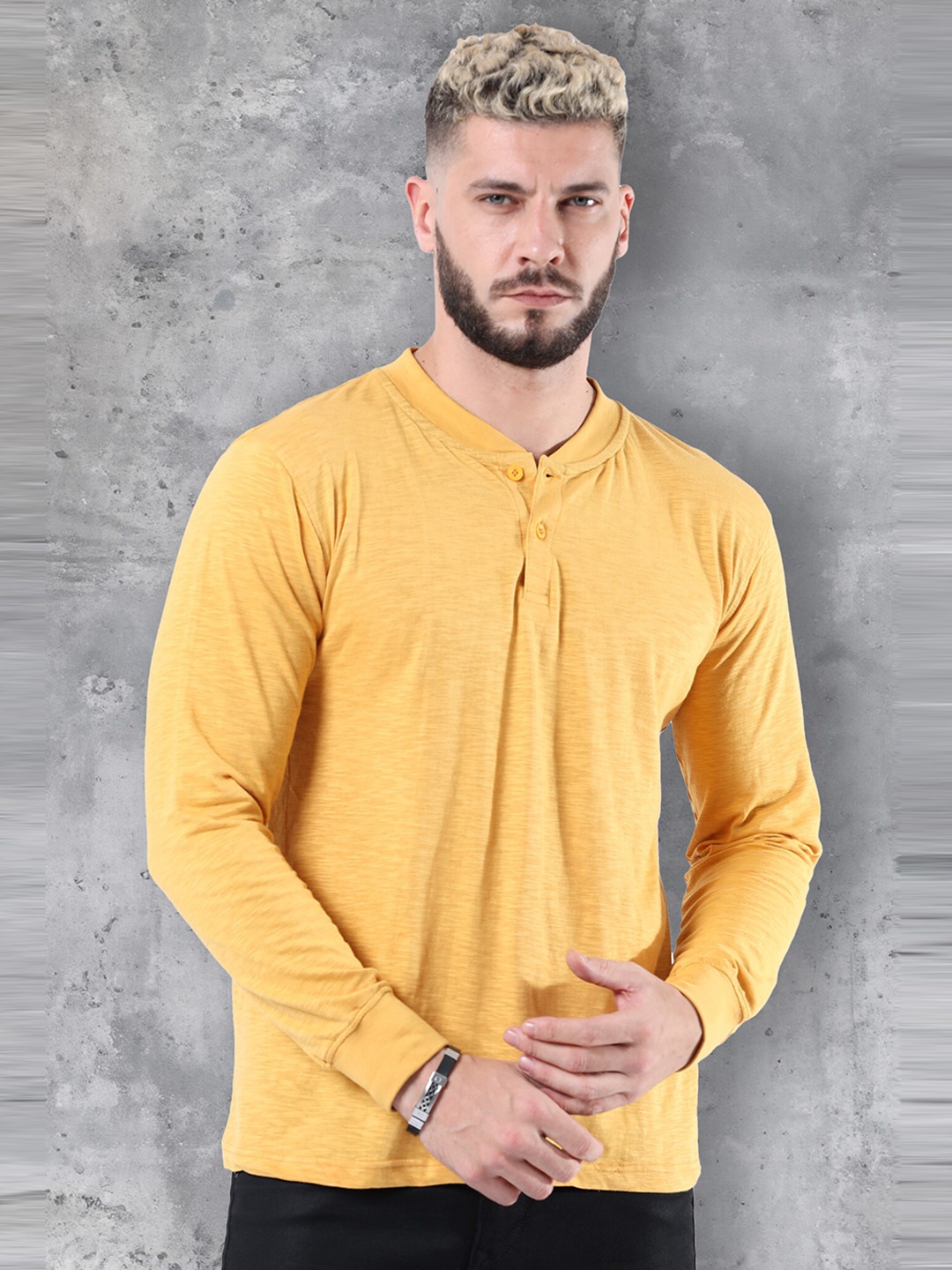 

fanideaz Mandarin Collar Pure Cotton T-shirt, Mustard