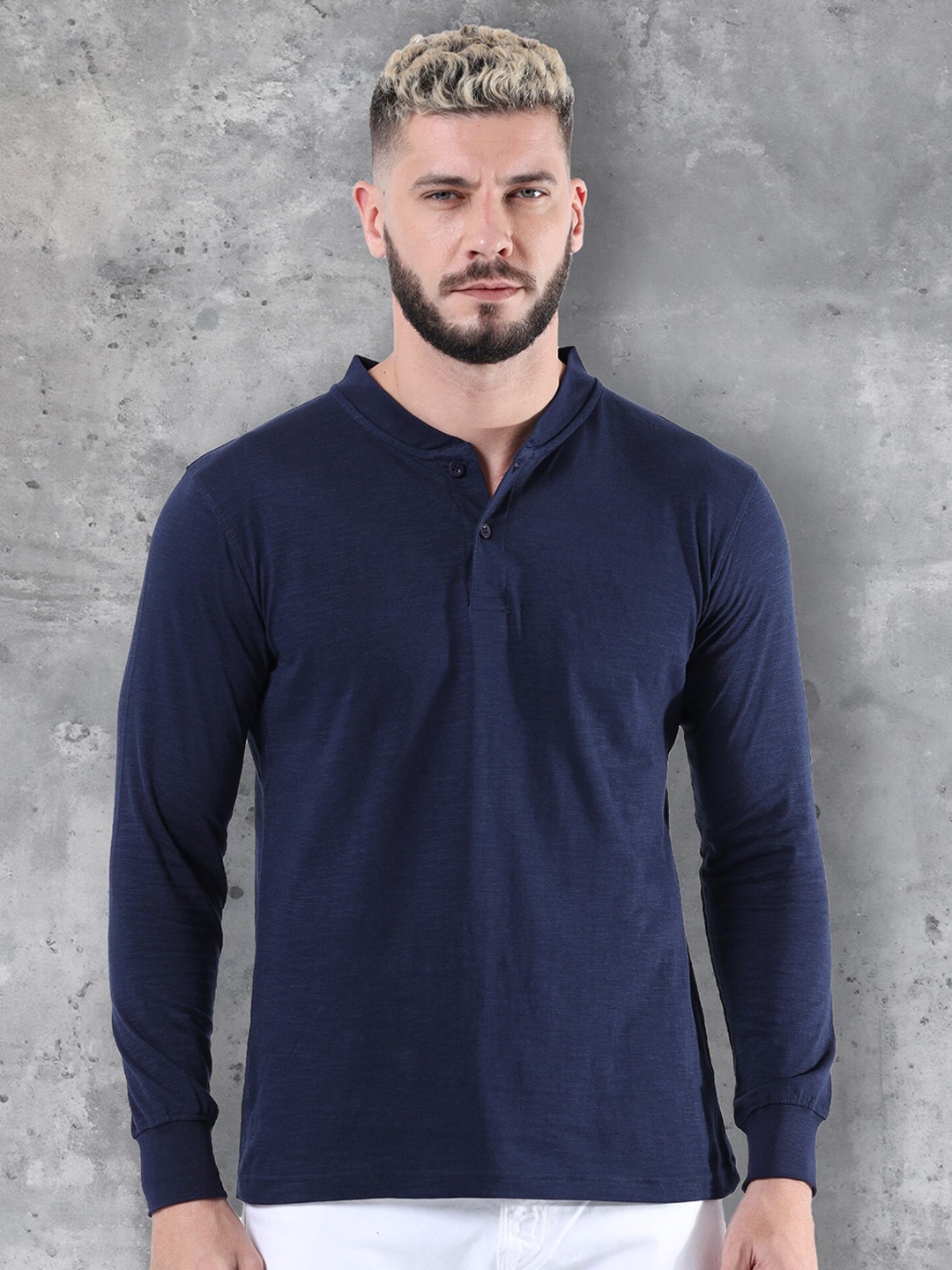 

fanideaz Mandarin Collar Pure Cotton T-shirt, Navy blue