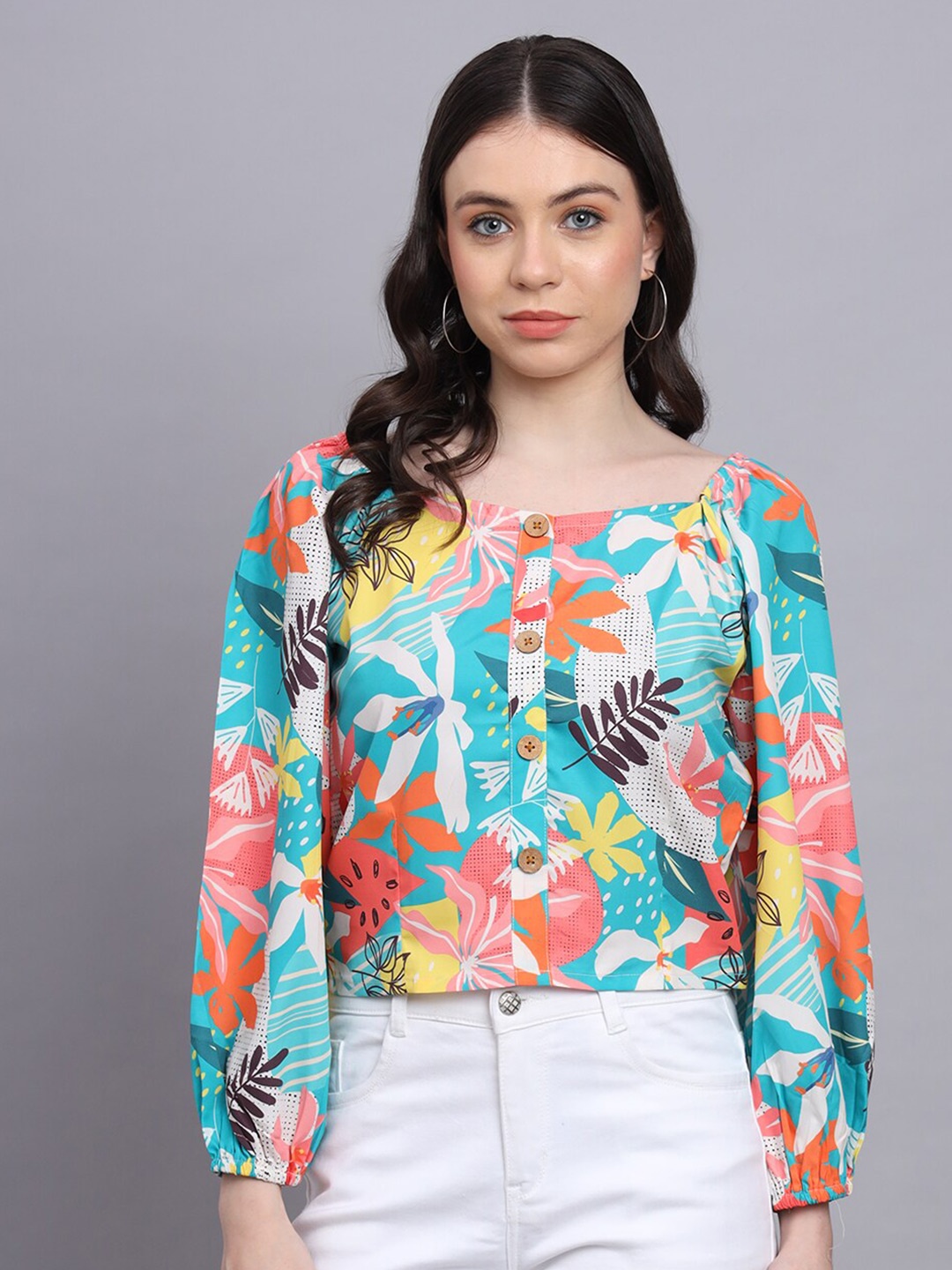 

BAESD Floral Printed Crepe Blouson Top, Blue