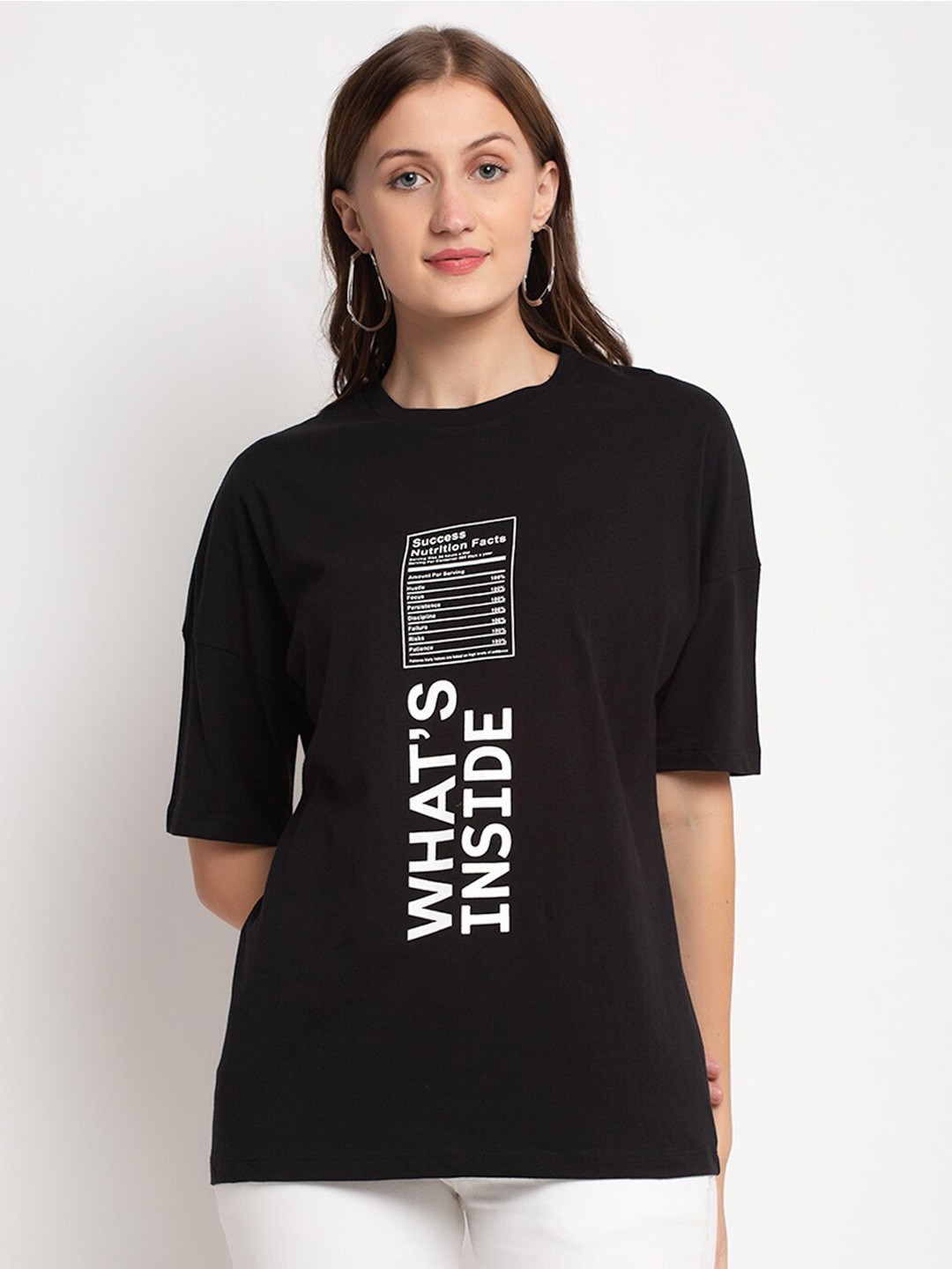 

DressBerry Black Typography Printed Drop-Shoulder Sleeves Cotton Oversized T-shirt