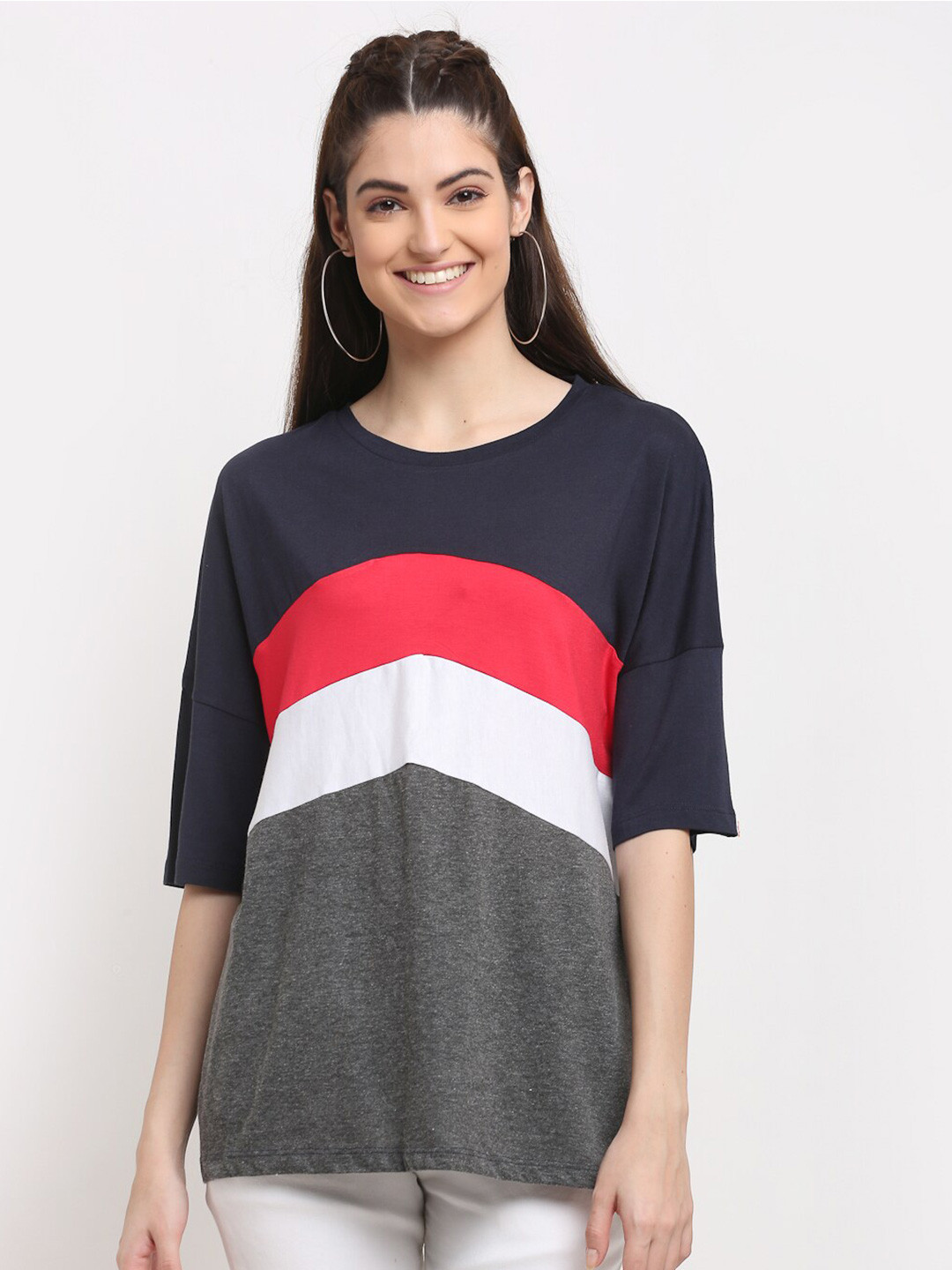 

DressBerry Blue Colourblocked Drop-Shoulder Sleeves Cotton Longline Oversized T-shirt