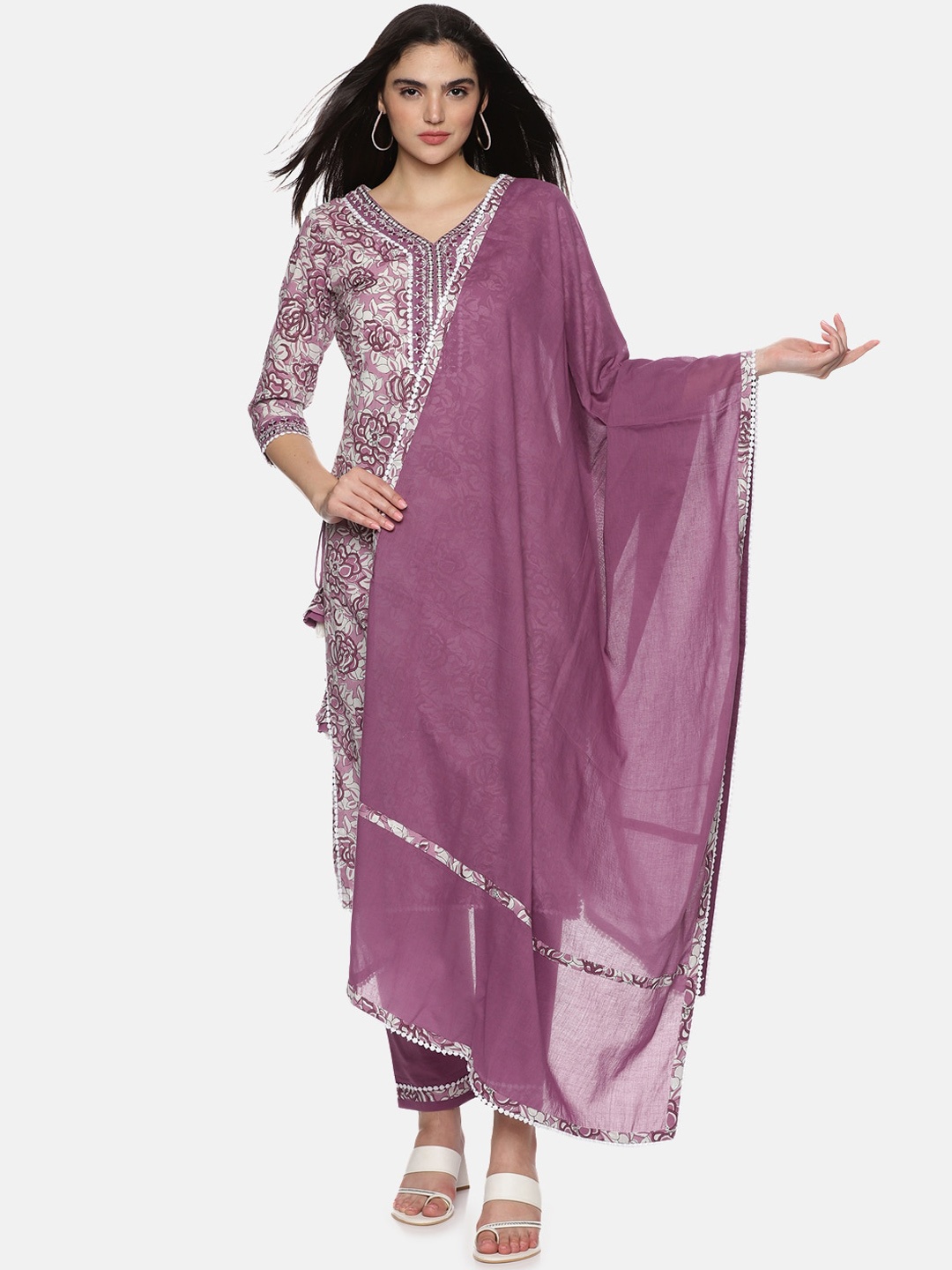 

Palakh Floral Printed Mirror Work Pure Cotton Straight Kurta With Trousers & Dupatta, Purple