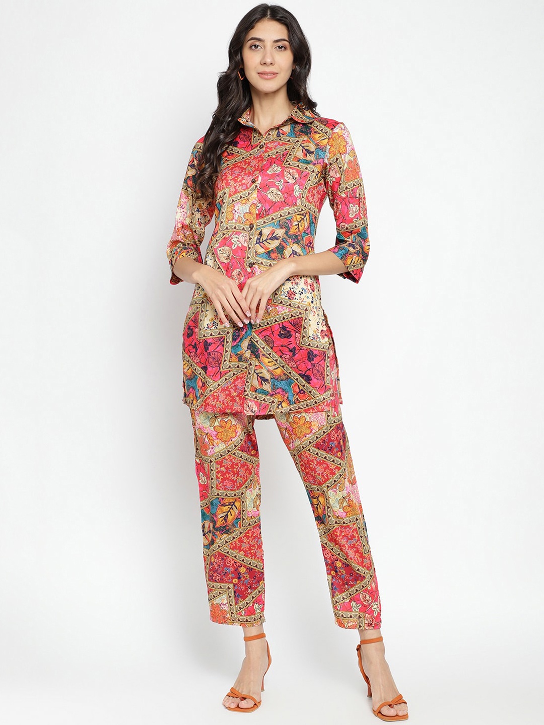 

COLORWINGS Abstract Printed Longline Shirt & Trouser, Red