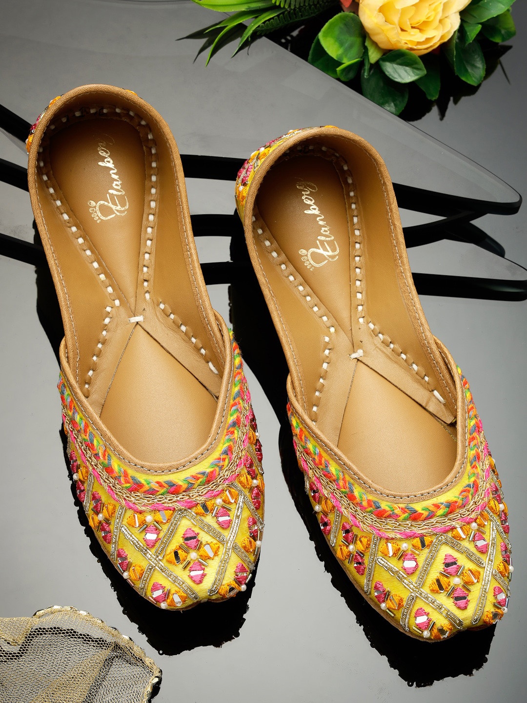 

ELANBERG Ethnic Embellished Square Toe Mojaris, Yellow