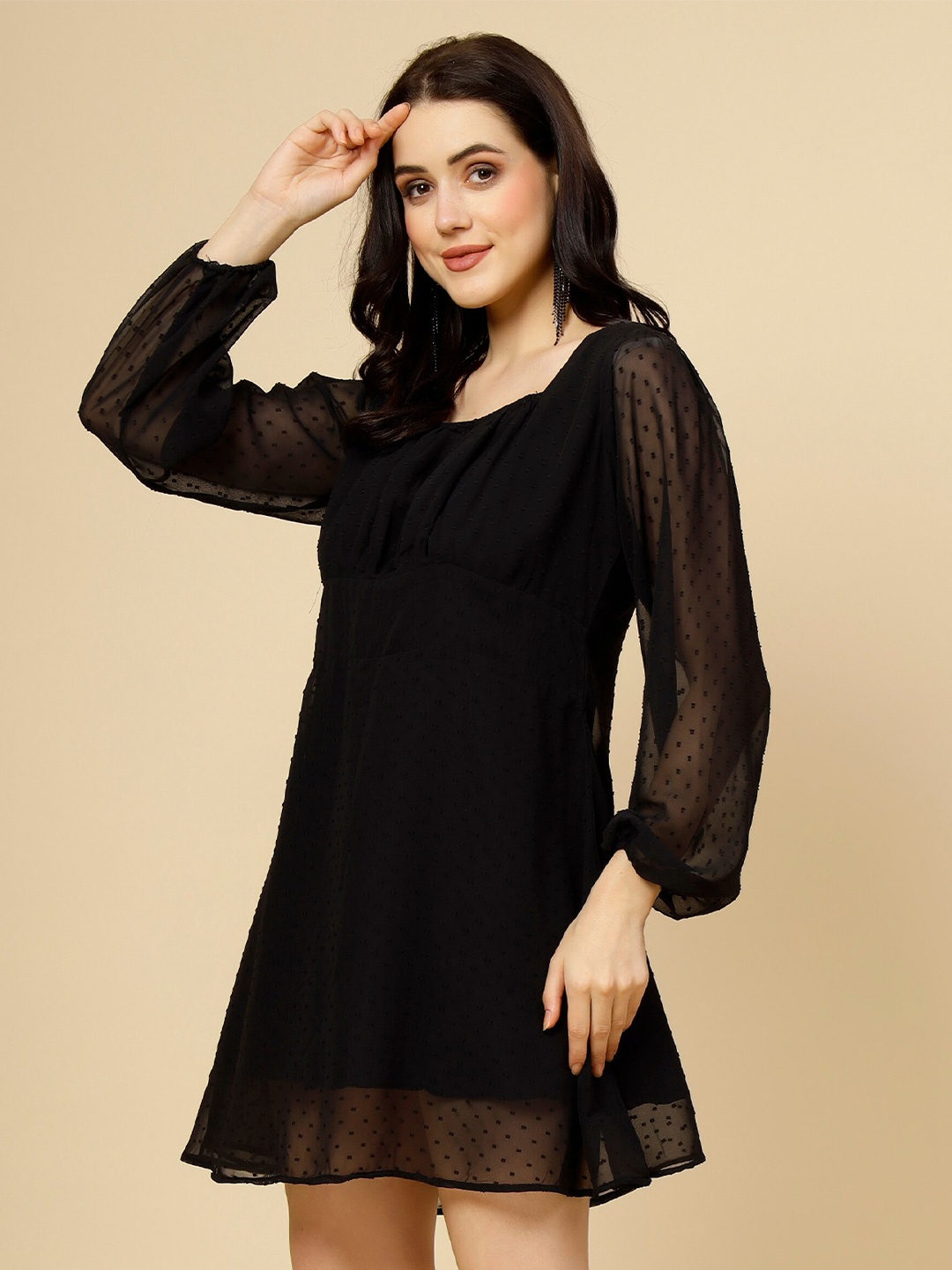 

MISS AYSE Self Design Puff Sleeves Georgette A-Line Dress, Black