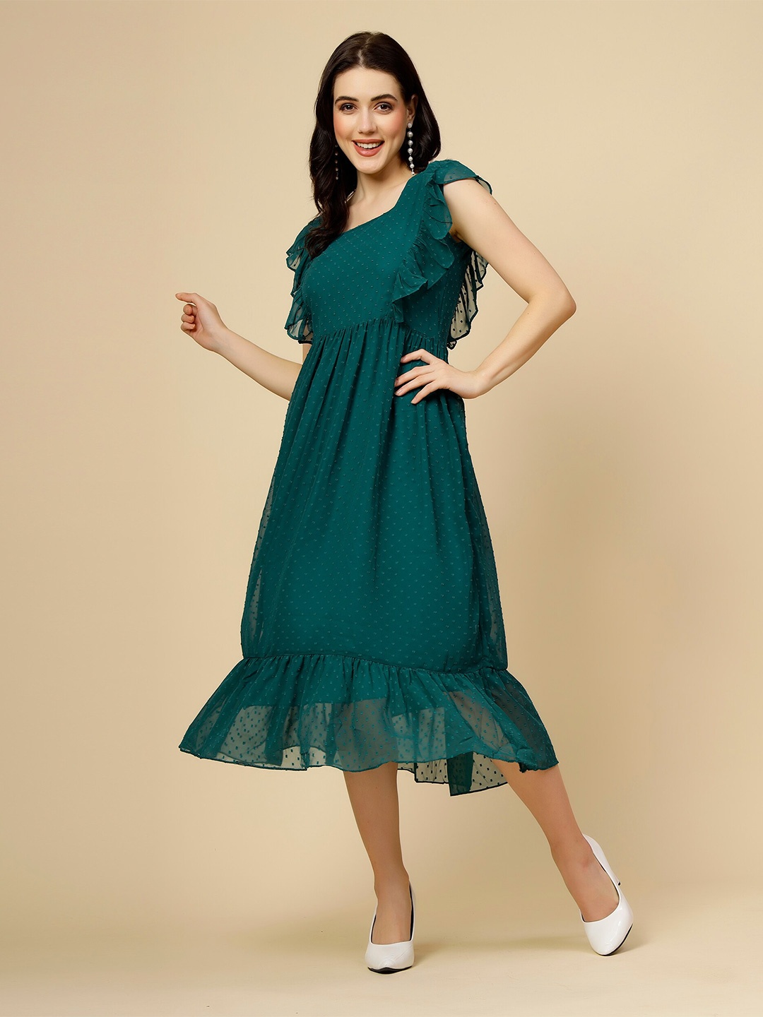 

MISS AYSE Self Design Square Neck Ruffles Georgette Fit & Flare Midi Dress, Teal