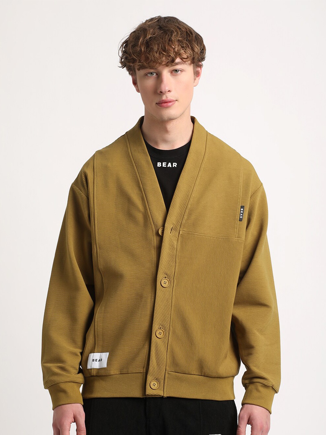 

THE BEAR HOUSE Collarless Long Sleeves Casual Shacket, Mustard