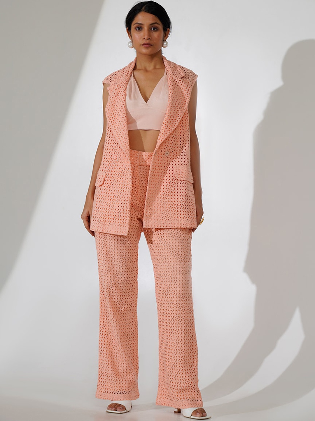 

indy Raaga Self Design Schiffli Pure Cotton Top & Trousers With Shrug Co-Ords, Peach