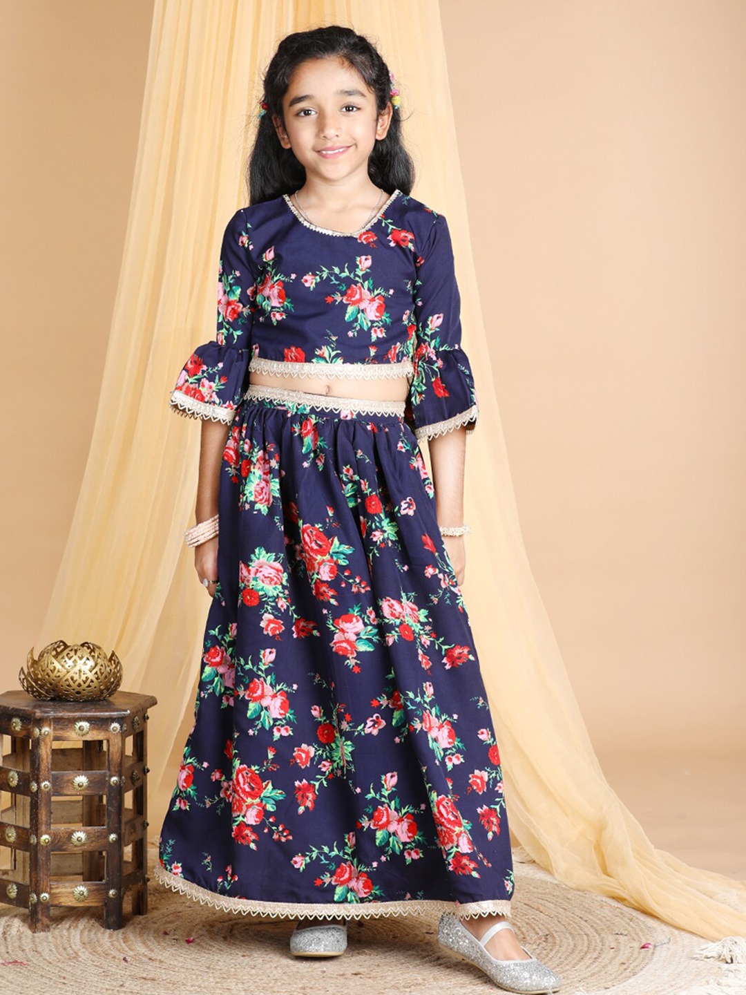 

Cutiekins Girls Printed Ready to Wear Lehenga & Blouse, Navy blue