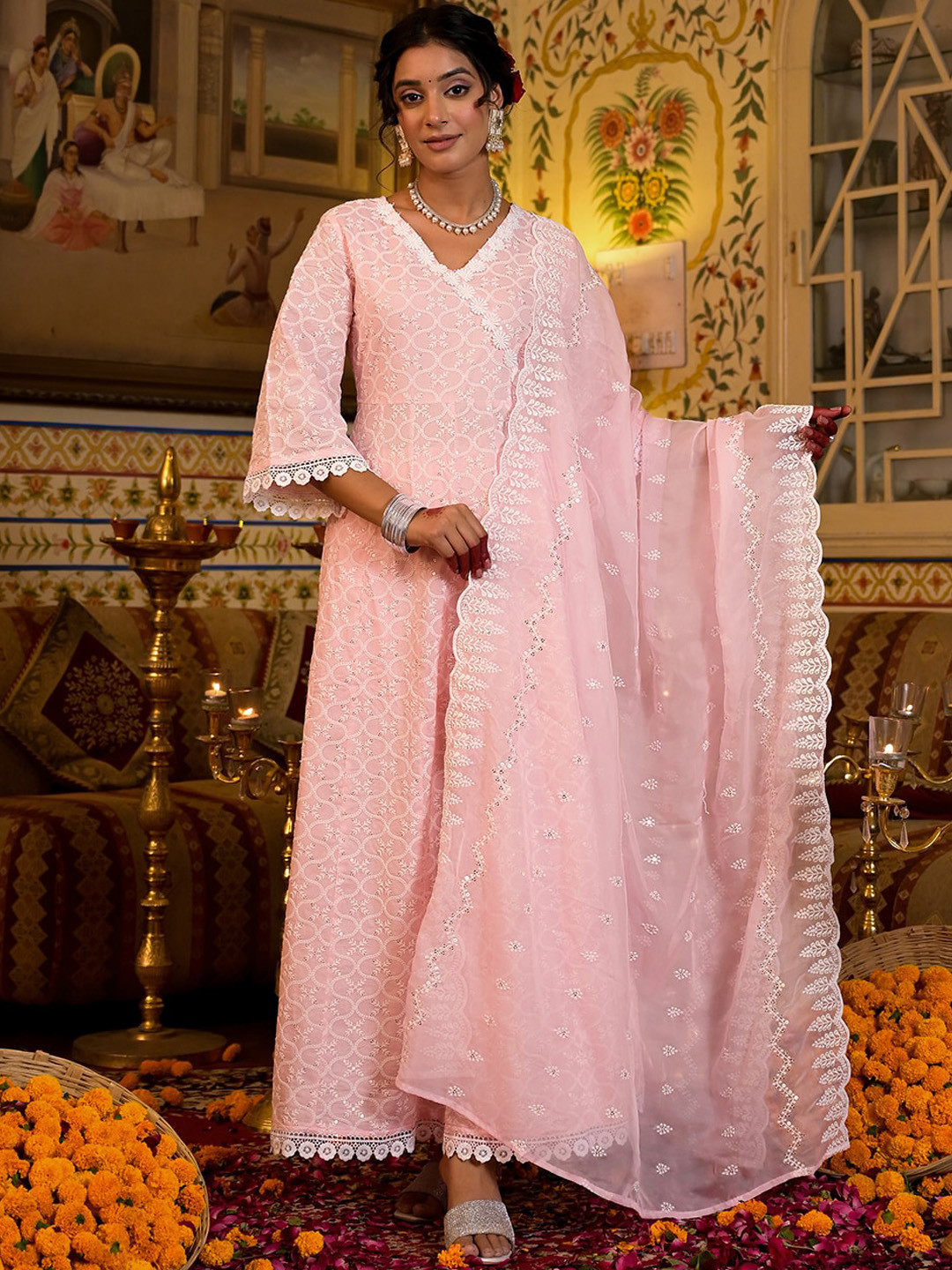 

Yufta Floral Embroidered Angrakha Anarkali Pure Cotton Kurta With Trousers & Dupatta, Pink