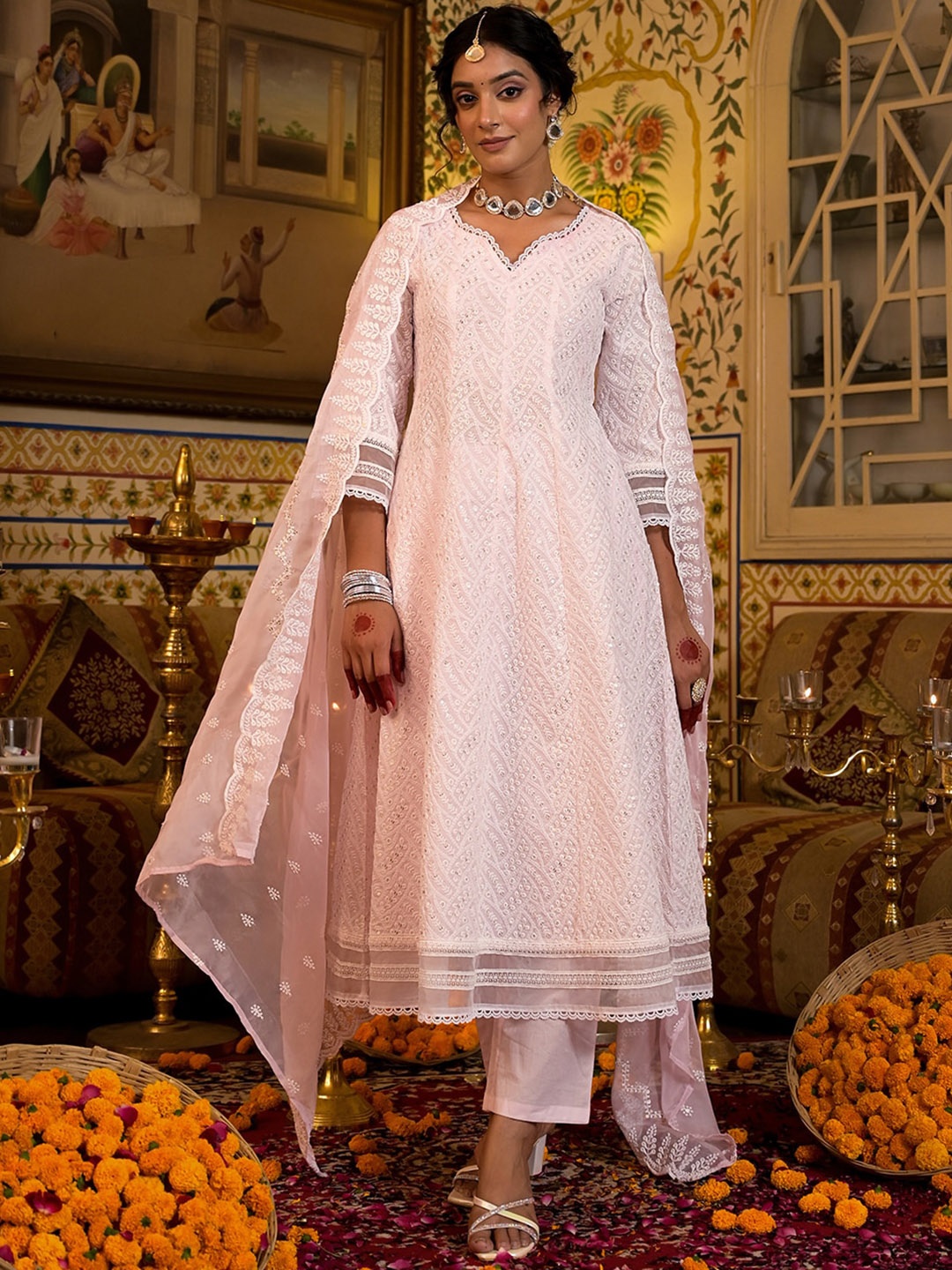 

Yufta Ethnic Motifs Embroidered Sequinned Cotton Anarkali Kurta With Trousers & Dupatta, Pink