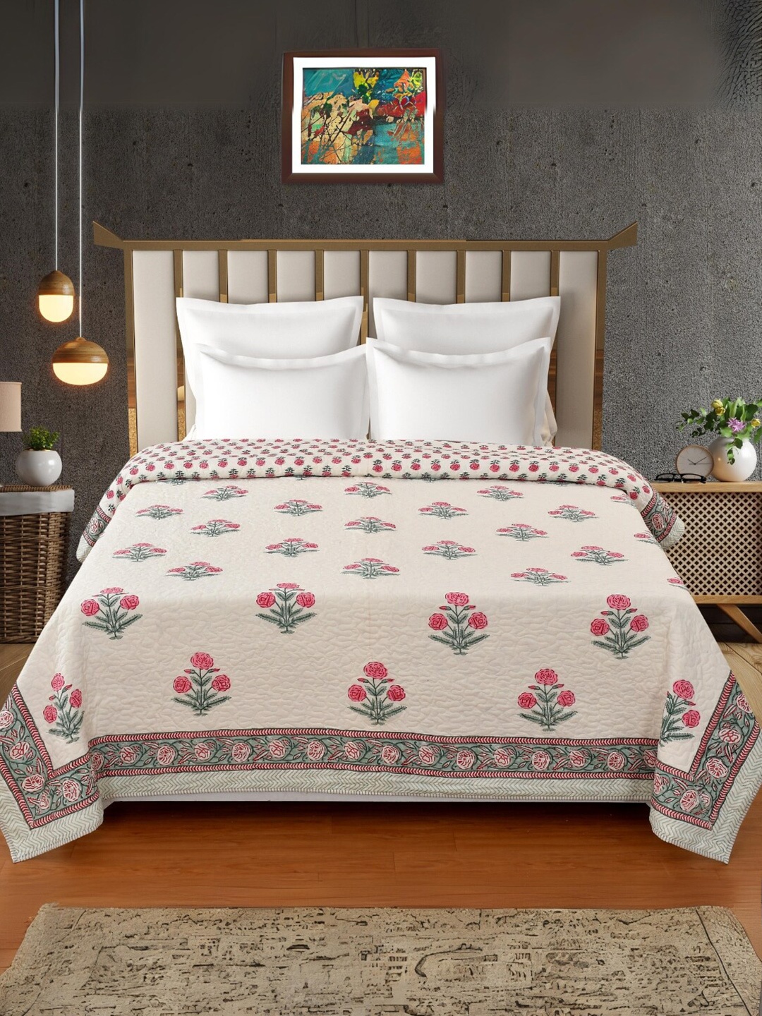 

CLIO'S HERITAGE STORE Peach & Pink Ethnic Motifs Cotton AC Room 354 GSM Double Bed Quilt