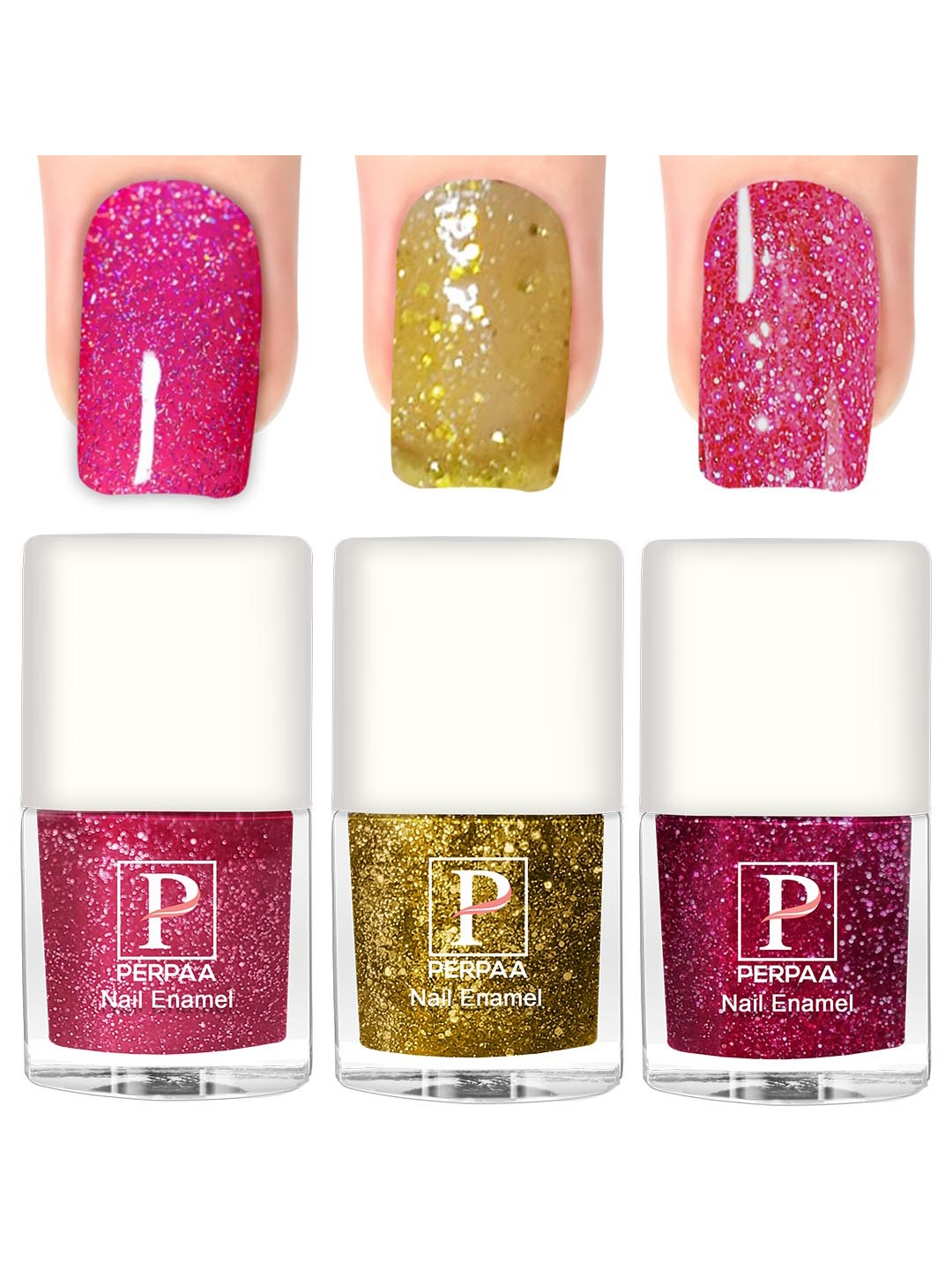 

PERPAA Set Of 3 Glitter Light Reflective Flashing Sparkly Gel Nail Polish - 5ml Each, Pink