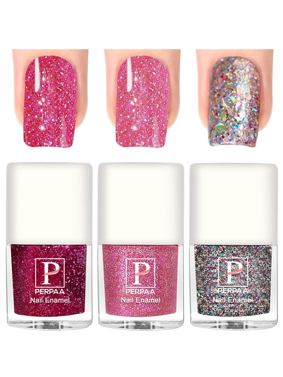 

PERPAA Set Of 3 Glitter Light Reflective Flashing Sparkly Gel Nail Polish - 5ml Each, Pink