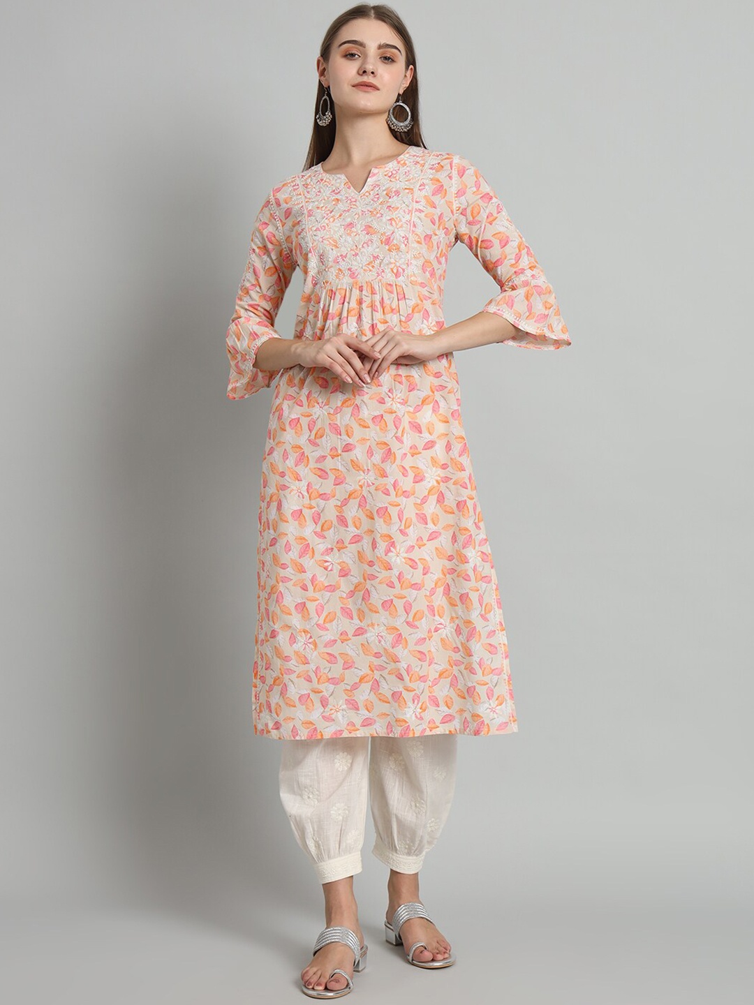 

akheri Floral Printed Thread Work Flared Sleeves Pure Cotton Pleated Straight Kurta, Peach