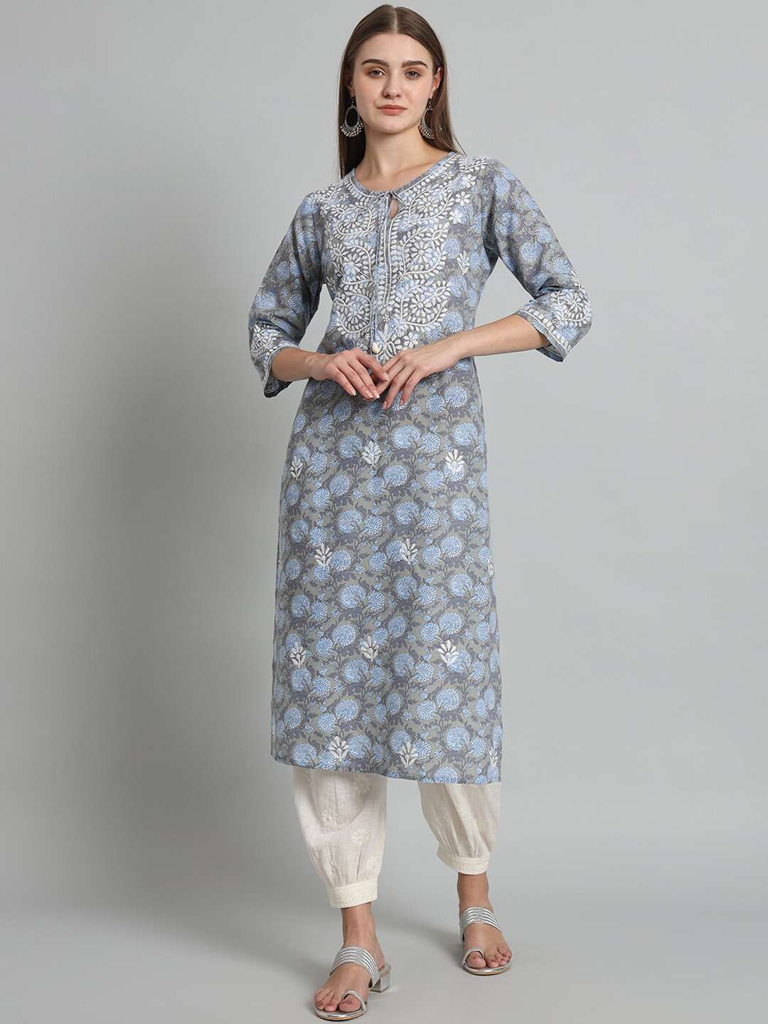 

akheri Floral Printed Tie-Up Neck Chikankari Pure Cotton Straight Kurta, Blue