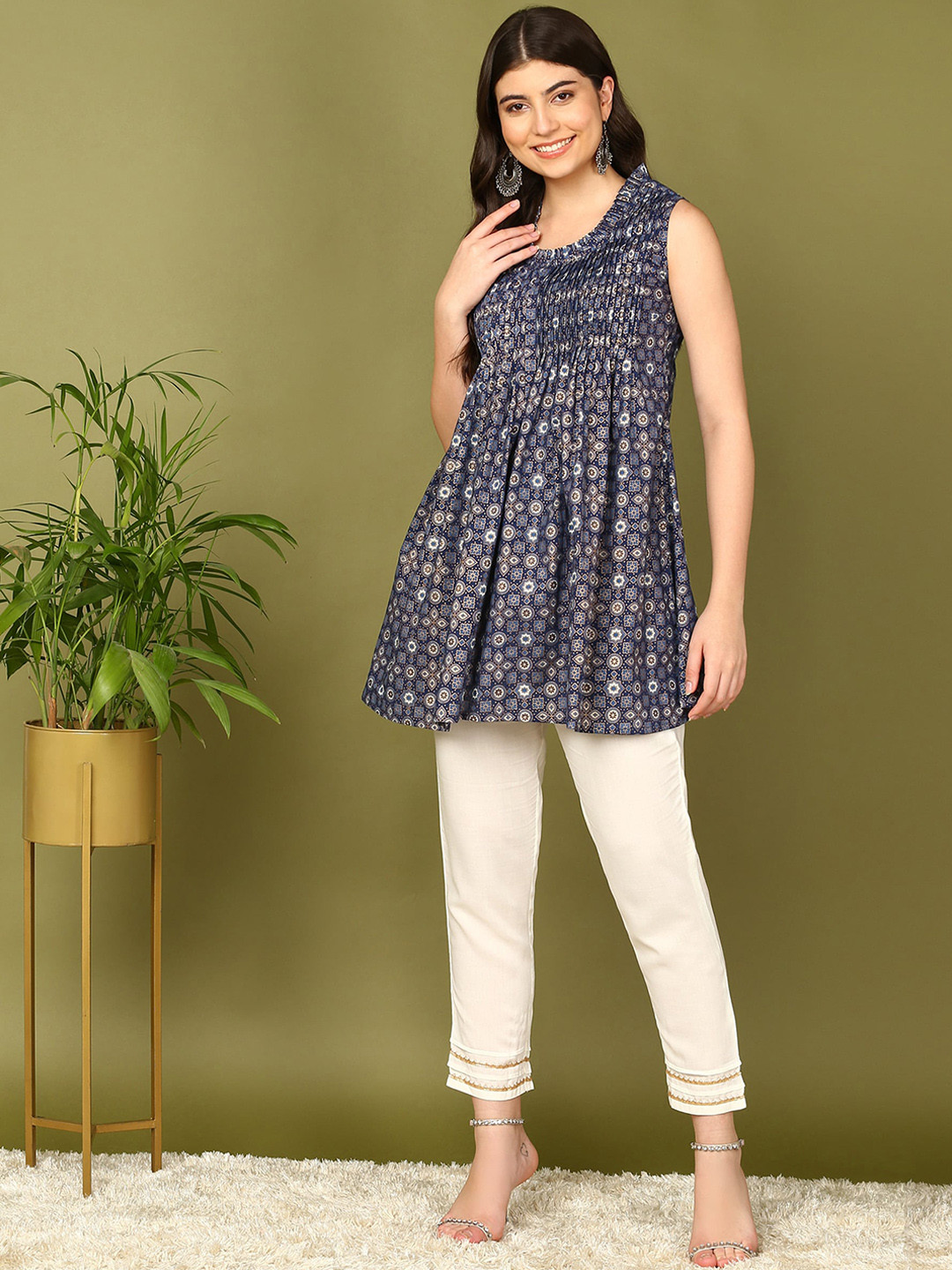 

HERE&NOW Blue Ethnic Motifs Printed A-line Pure Cotton Kurti with Trousers