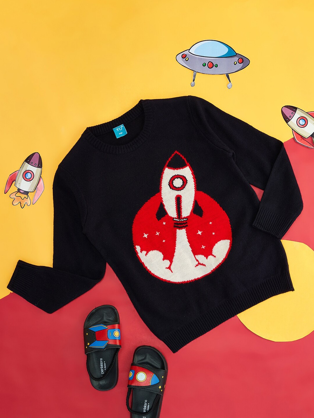 

YU by Pantaloons Boys Graphic Printed Round Neck Pullover Sweater, Navy blue