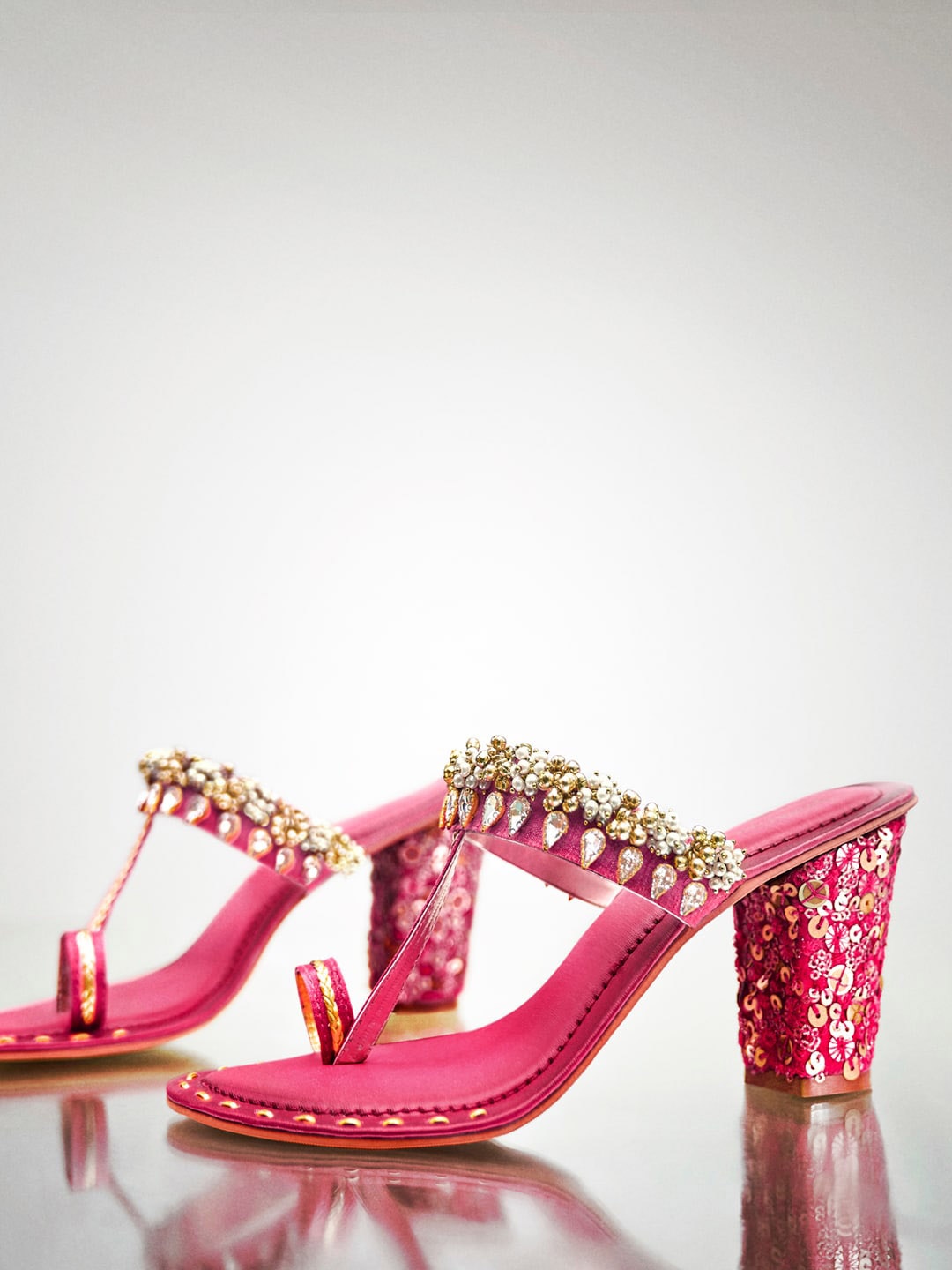 

Signature Sole Ethnic Embellished One Toe Block Heels, Pink