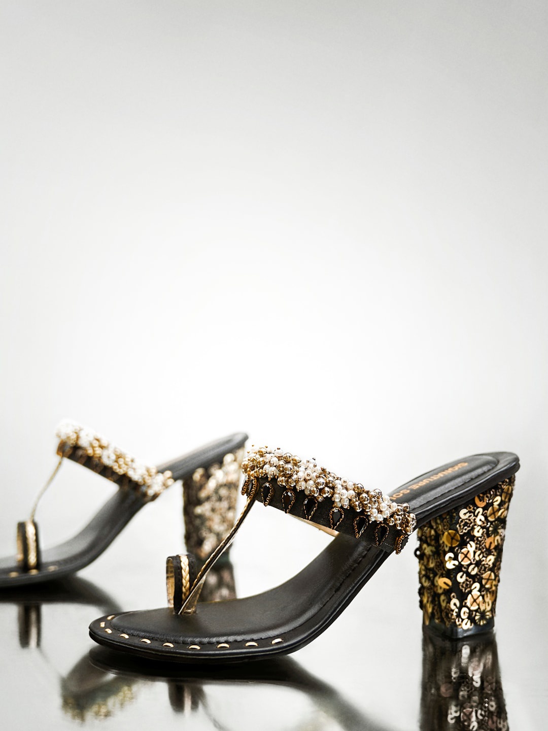 

Signature Sole Ethnic Embellished One Toe Block Heels, Black