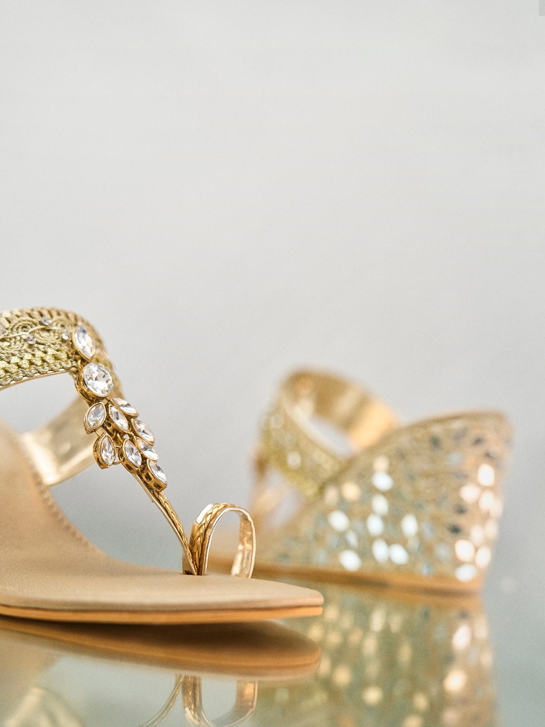 

Signature Sole Ethnic Embellished One Toe Wedges, Gold