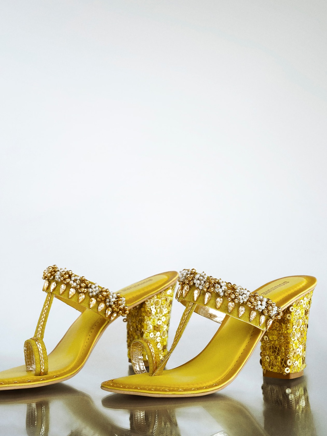 

Signature Sole Ethnic Embellished One Toe Block Heels, Yellow