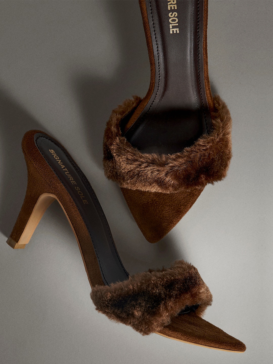 

Signature Sole Open Toe Fur Slim Heels, Brown