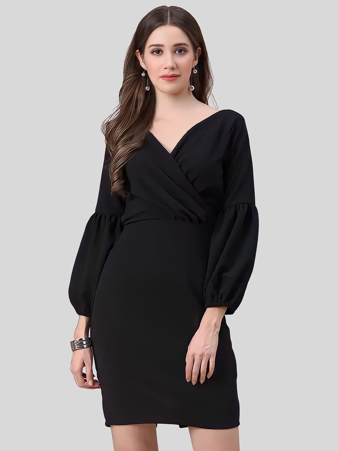 

ZELZIS V-Neck Puff Sleeve Satin Sheath Dress, Black