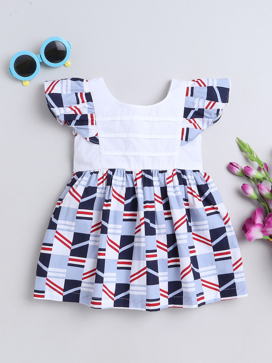 

MANET Girls Striped Flutter Sleeve Cotton Fit & Flare Dress, White