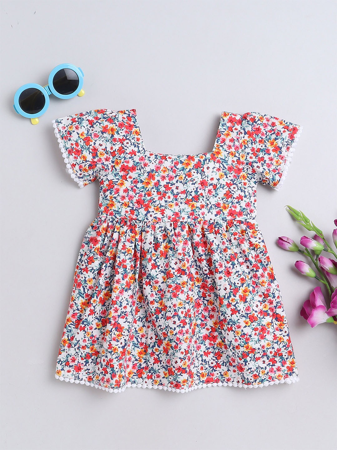 

MANET Girls Floral Printed Flutter Sleeve Cotton Fit & Flare Dress, Pink