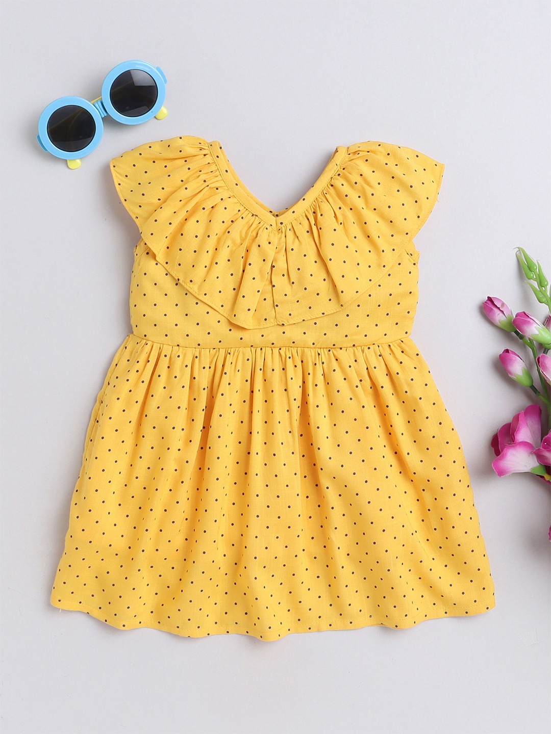 

MANET Girls Polka Dot Printed Cotton Fit & Flare Dress, Yellow