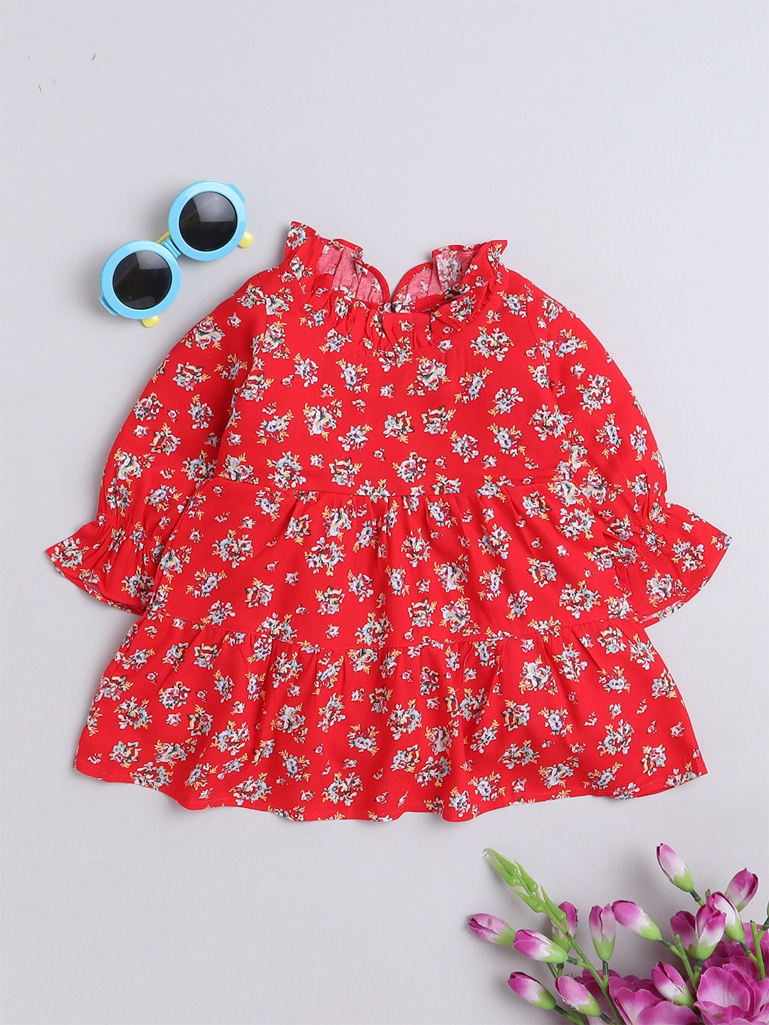 

MANET Girls Floral Printed Puff Sleeve Ruffled Cotton Tiered Fit & Flare Dress, Red