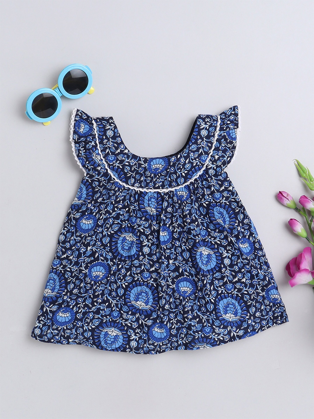 

MANET Girls Floral Printed Flutter Sleeve Cotton Fit & Flare Dress, Navy blue