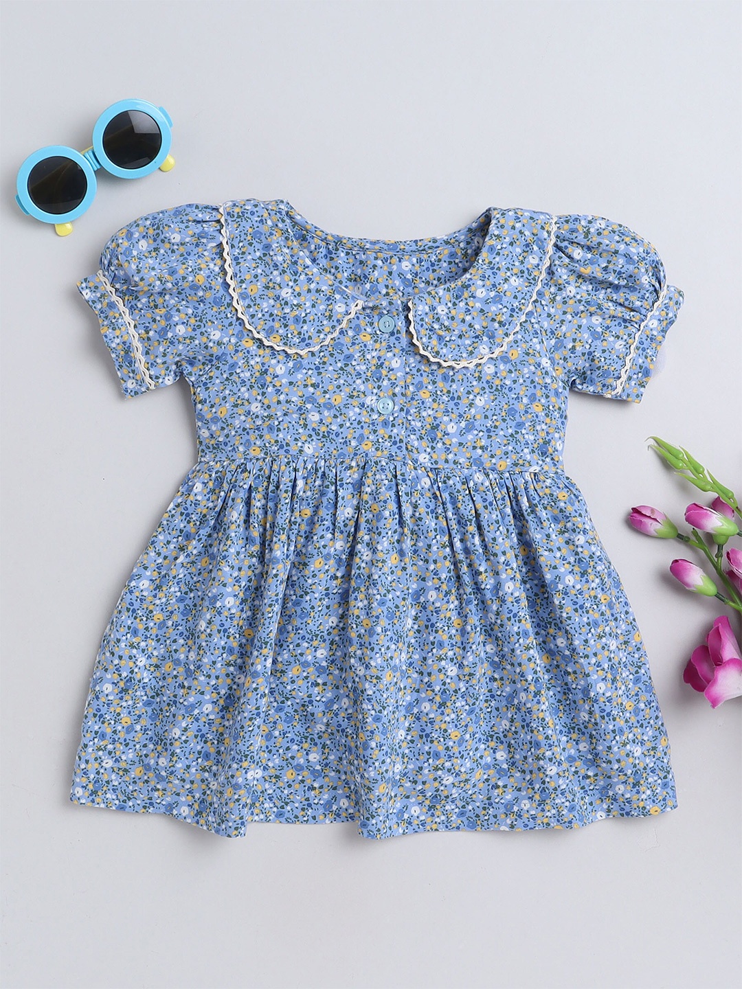 

MANET Girls Floral Printed Peter Pan Collar Puff Sleeve Gathered Cotton Fit & Flare Dress, Blue