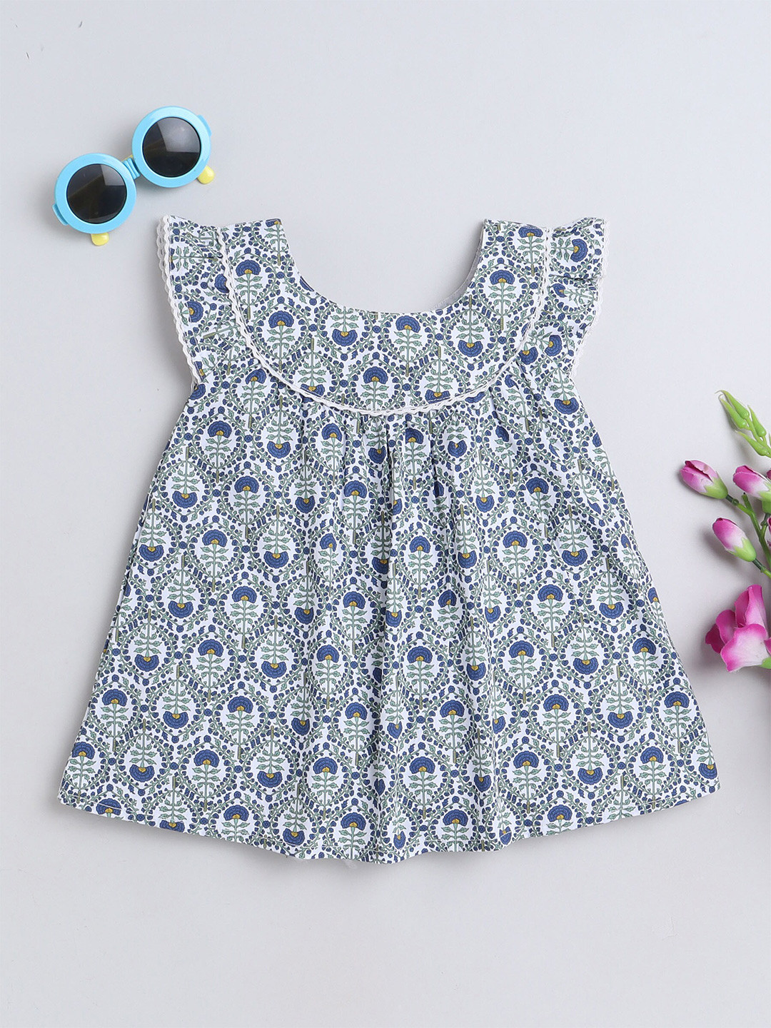 

MANET Girls Floral Printed Flutter Sleeves Cotton Fit & Flare Dress, White