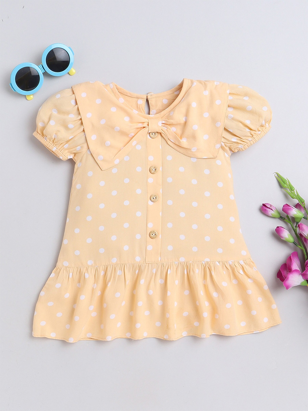 

MANET Girls Polka Dots Printed Puff Sleeves Cotton Drop-Waist Dress, Peach
