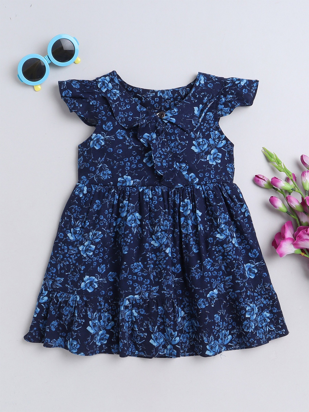 

MANET Girls Floral Printed Ruffles Cotton Fit & Flare Dress, Navy blue