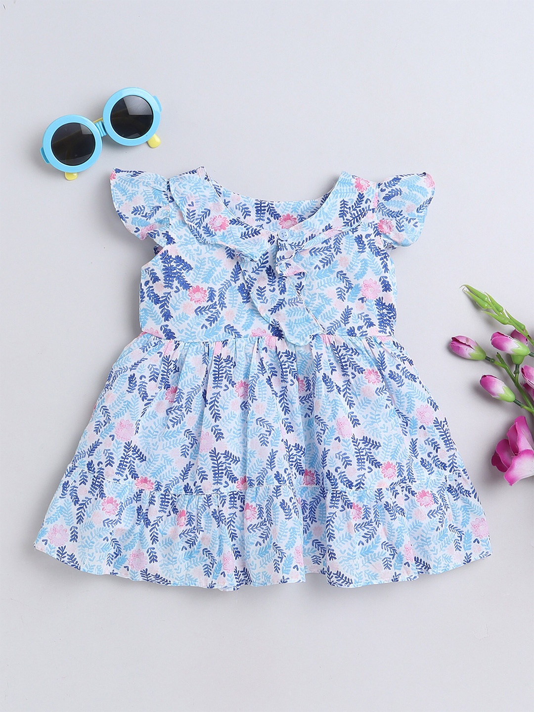 

MANET Girls Floral Printed Flutter Sleeve Ruffled Cotton Fit & Flare Dress, Blue