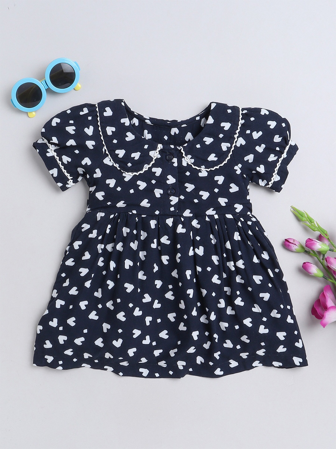 

MANET Girls Geometric Printed Puff Sleeve Cotton Fit & Flare Dress, Navy blue