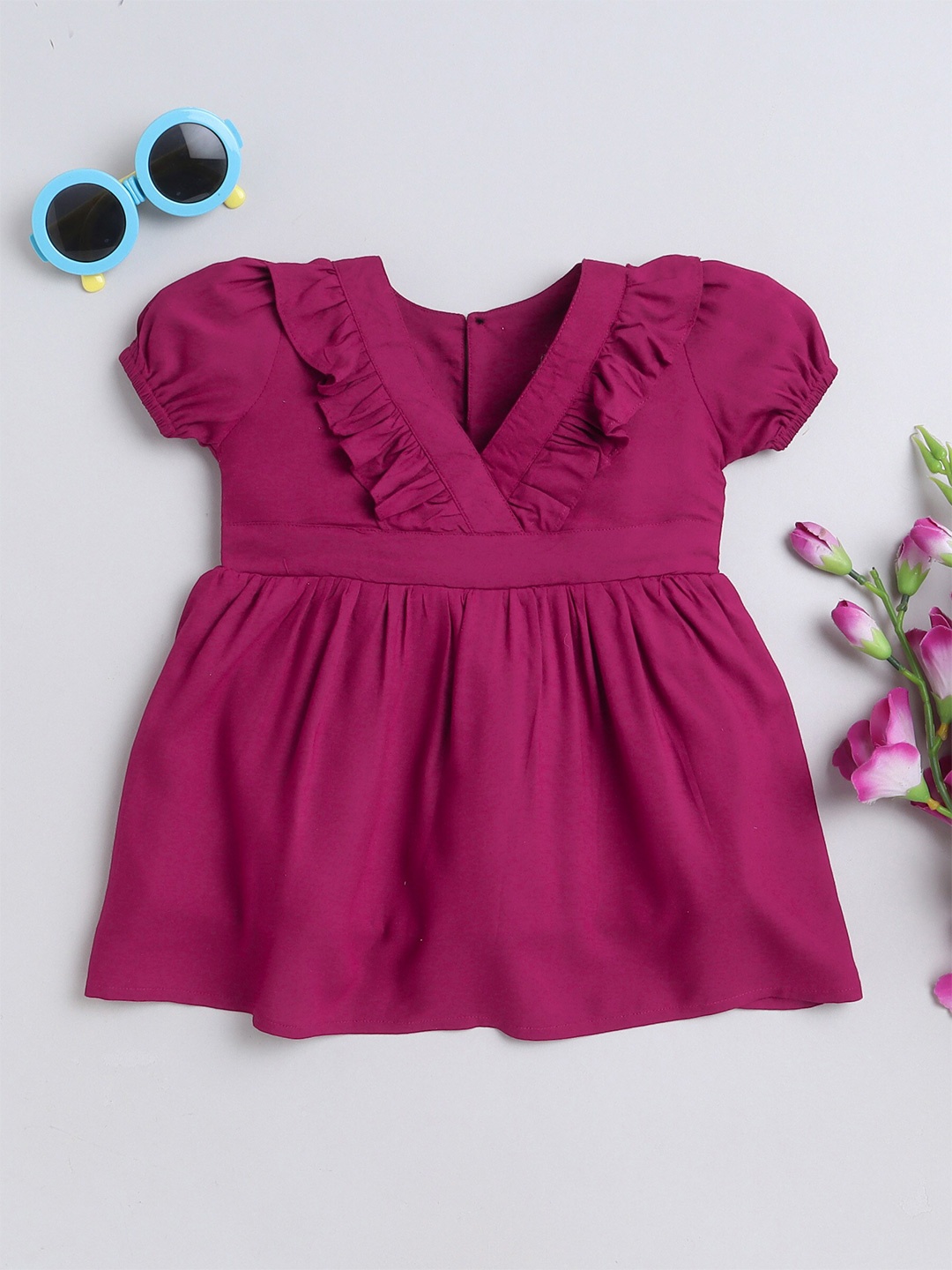 

MANET Girls V- Neck Puff Sleeves Ruffle Detail Cotton Fit & Flare Dress, Pink