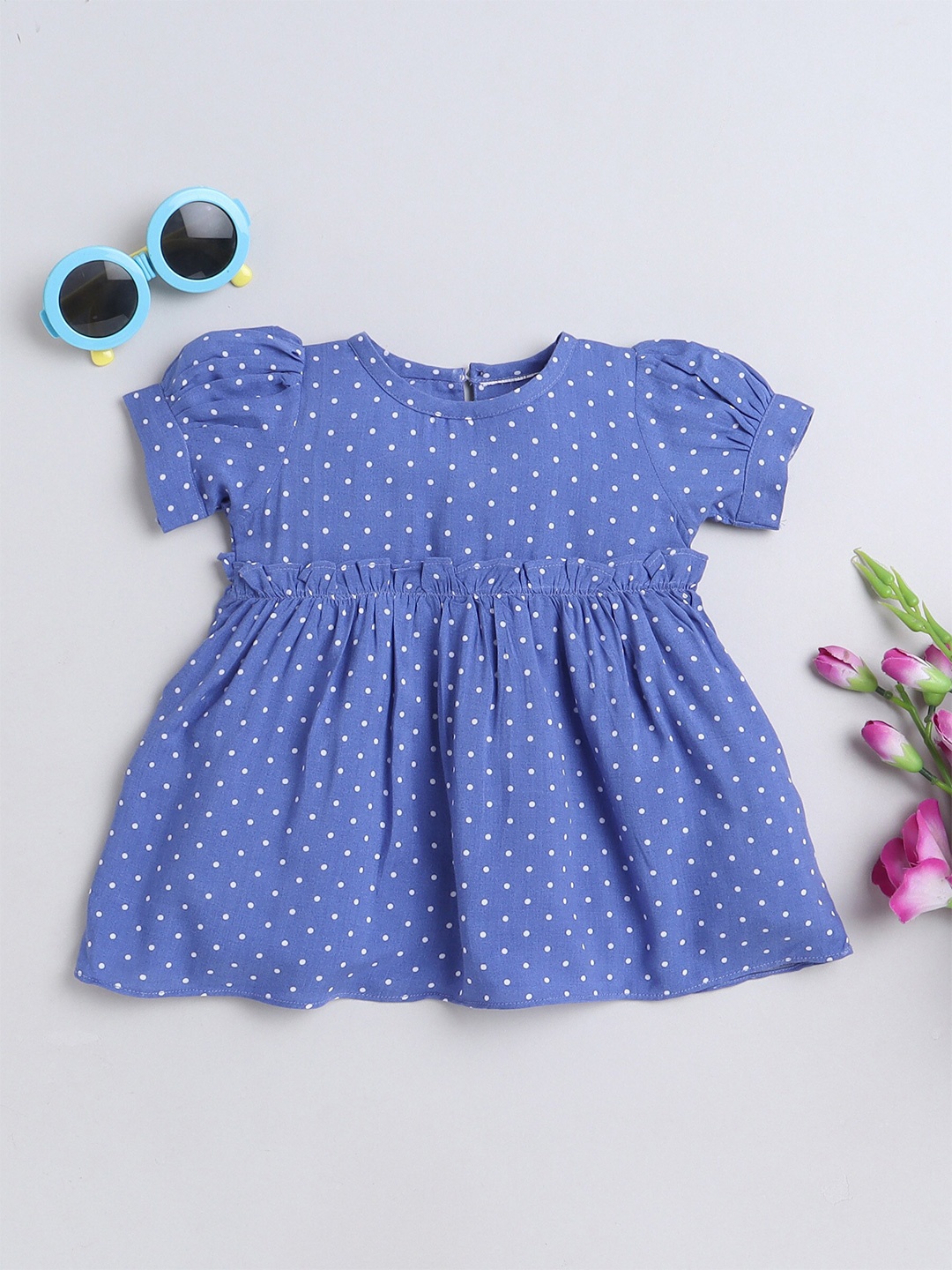 

MANET Girls Polka Dots Printed Puff Sleeve Ruffled Cotton Fit & Flare Dress, Blue