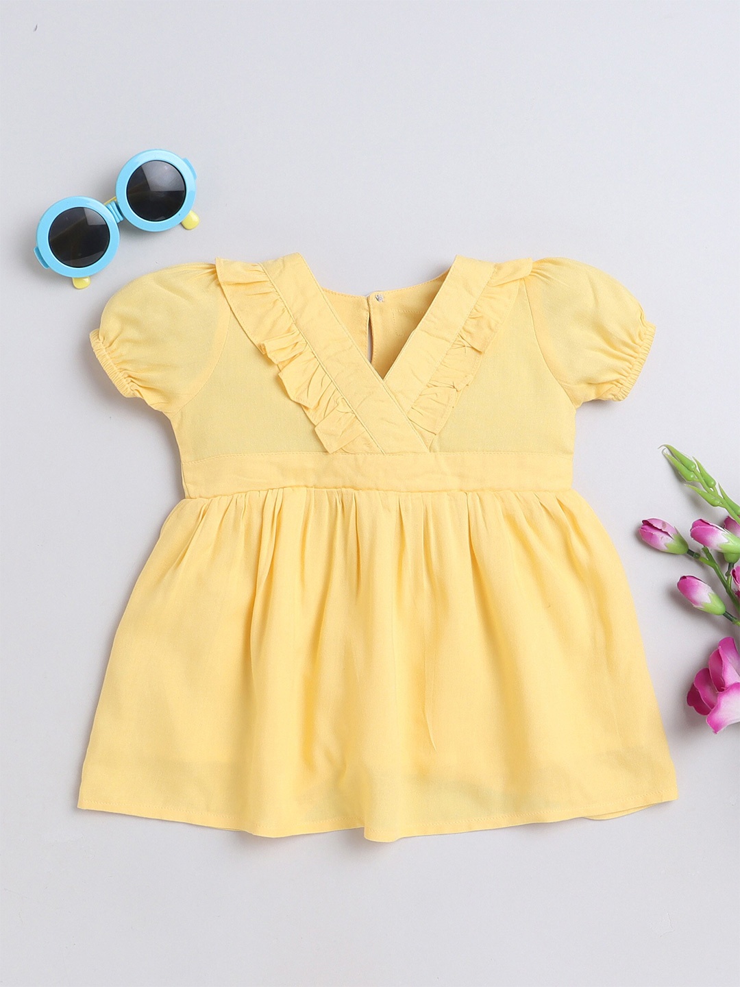 

MANET Girls Puff Sleeve Ruffled Cotton Fit & Flare Dress, Yellow