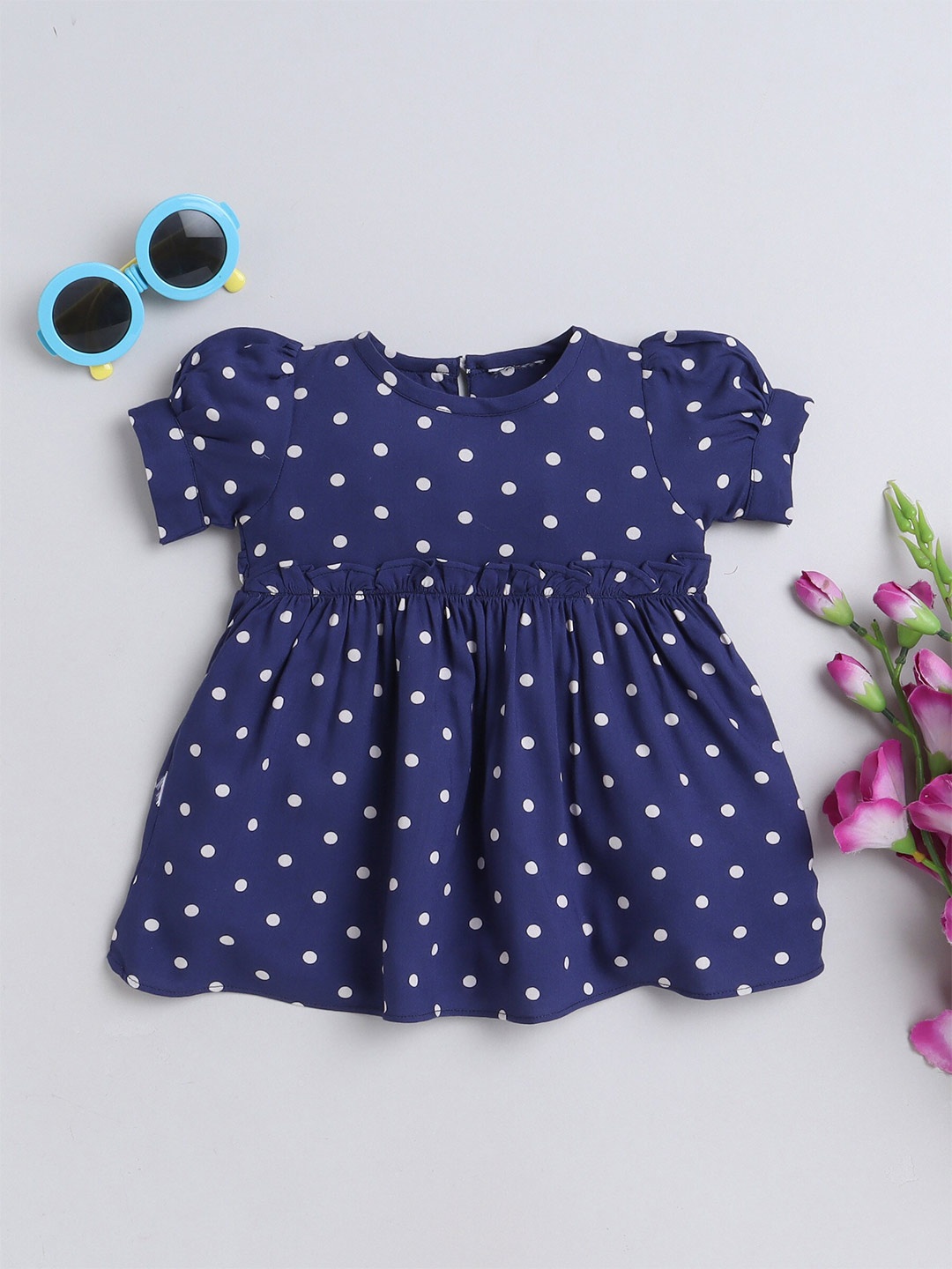 

MANET Girls Polka Dot Printed Puff Sleeve Cotton Fit & Flare Dress, Blue
