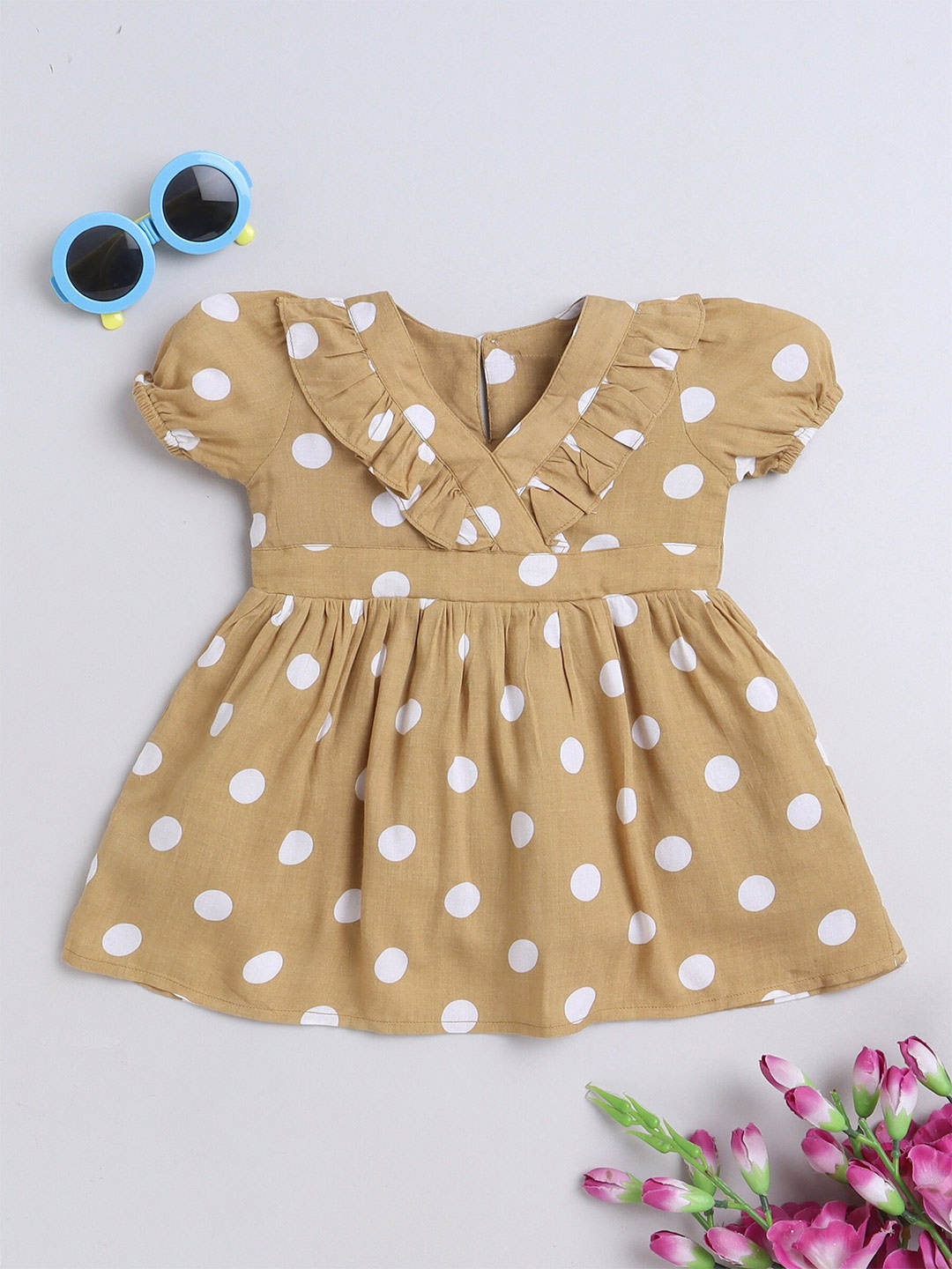 

MANET Girls Polka Dot Printed Fit & Flare Dress, Beige