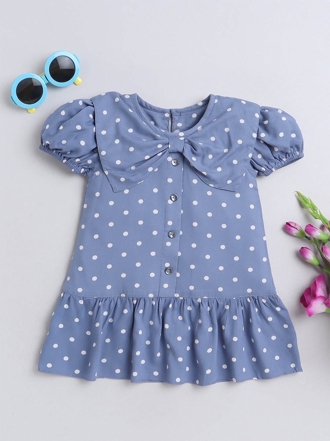 

MANET Girls Polka Dots Printed Above the Keyboard Collar Neck Puff Sleeve Drop-Waist Dress, Blue