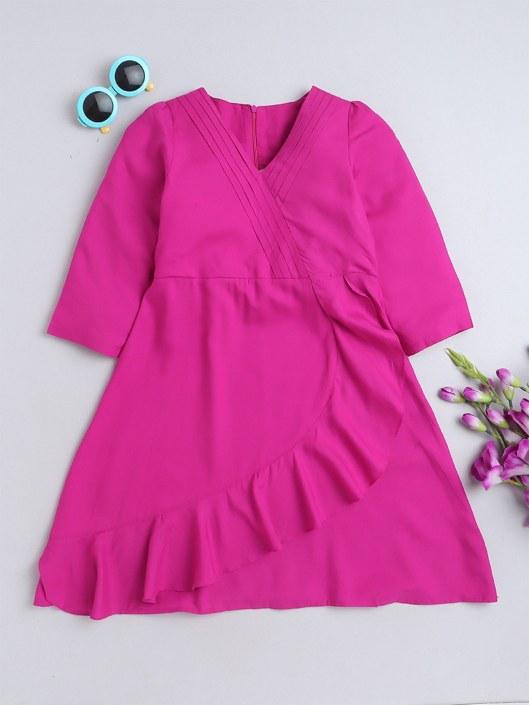 

MANET Girls V-Neck Ruffles Cotton Wrap Dress, Magenta