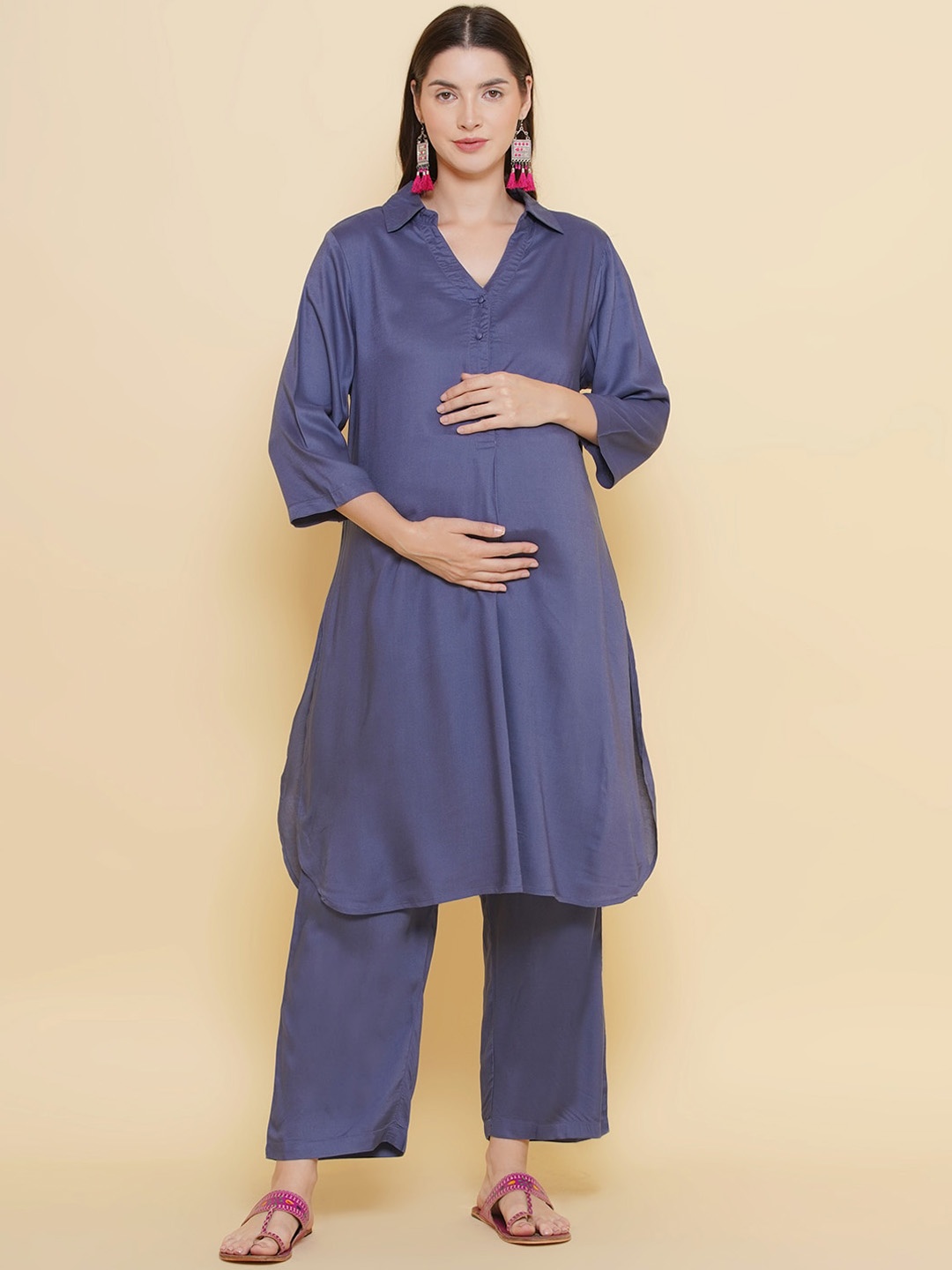 

Mine4Nine Shirt Collar Maternity A-Line Kurta With Trousers, Blue