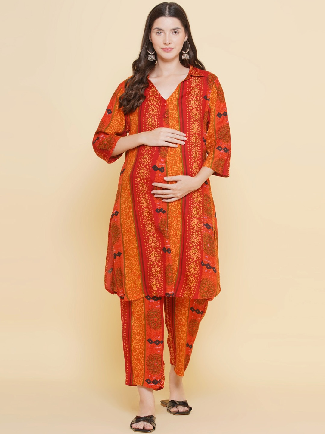 

Mine4Nine Ethnic Motifs Printed Shirt Collar Maternity A-Line Kurta With Trousers, Orange